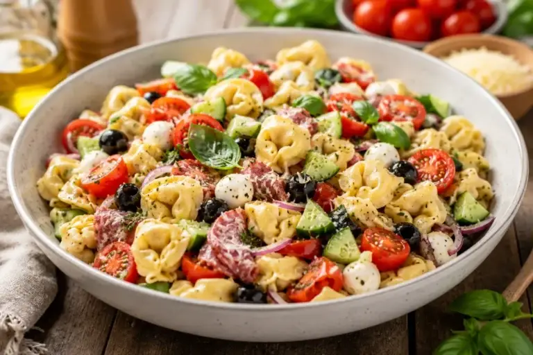 Cold tortellini pasta salad recipe with cheese tortellini, mozzarella, salami, cherry tomatoes, cucumber, olives, basil, and Italian dressing.