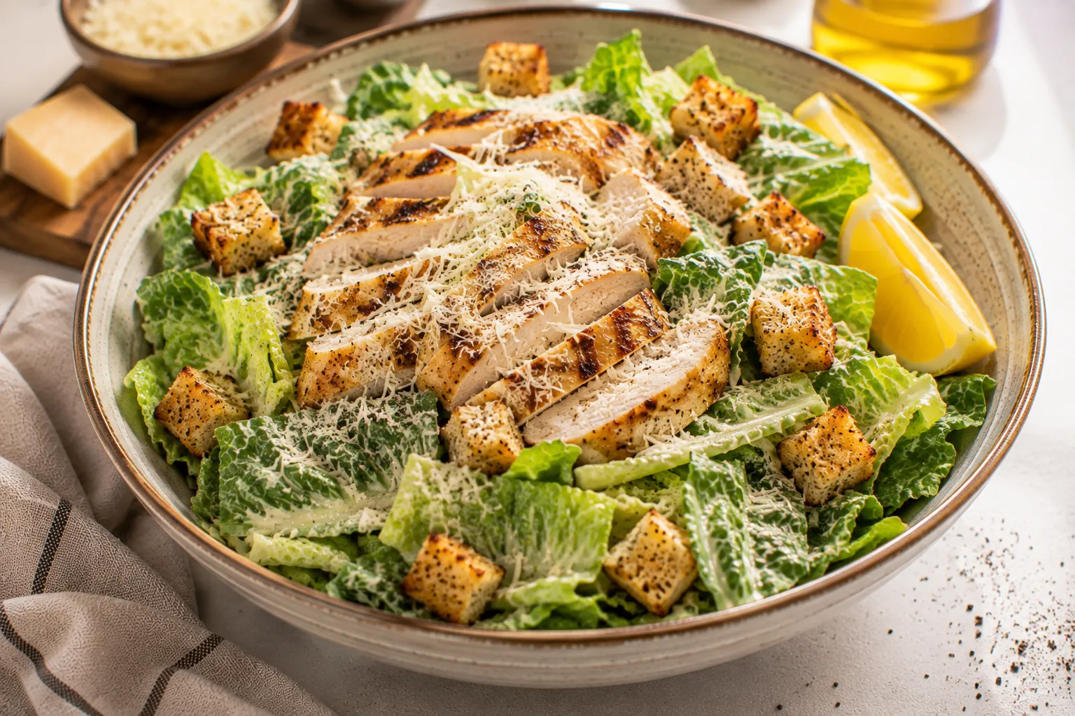 Chicken Caesar salad with grilled chicken, romaine lettuce, Parmesan, and crispy croutons