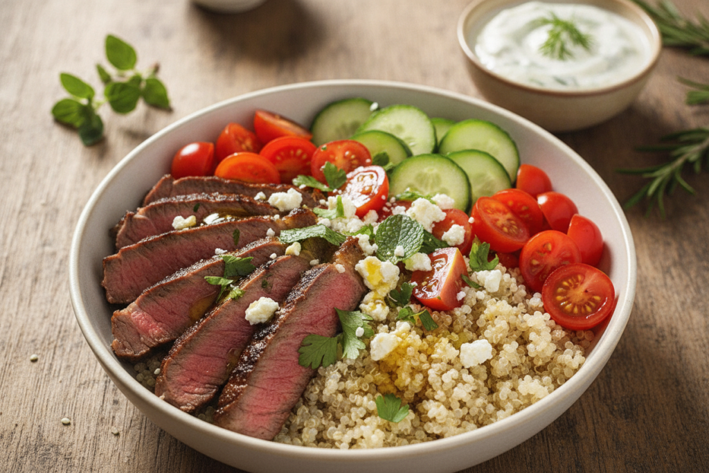 A beautifully arranged Mediterranean steak bowl, featuring tender slices of grilled steak on a bed of fluffy quinoa, surrounded by vibrant cherry tomatoes, crisp cucumbers, and a mix of freshly chopped parsley and mint. Bright, natural lighting enhances the rich textures of the ingredients, making the colors pop. The bowl is decorated with a drizzle of olive oil and a sprinkle of feta cheese, all set against a rustic wooden table. In the background, a small bowl of tzatziki sauce adds charm, along with a few Mediterranean herbs. The composition focuses closely on the bowl from a slightly elevated angle, showcasing the layers and freshness, evoking a clean, appetizing mood perfect for healthy meal prep inspiration. A beautifully arranged Mediterranean steak bowl, featuring tender slices of grilled steak on a bed of fluffy quinoa, surrounded by vibrant cherry tomatoes, crisp cucumbers, and a mix of freshly chopped parsley and mint. Bright, natural lighting enhances the rich textures of the ingredients, making the colors pop. The bowl is decorated with a drizzle of olive oil and a sprinkle of feta cheese, all set against a rustic wooden table. In the background, a small bowl of tzatziki sauce adds charm, along with a few Mediterranean herbs. The composition focuses closely on the bowl from a slightly elevated angle, showcasing the layers and freshness, evoking a clean, appetizing mood perfect for healthy meal prep inspiration.