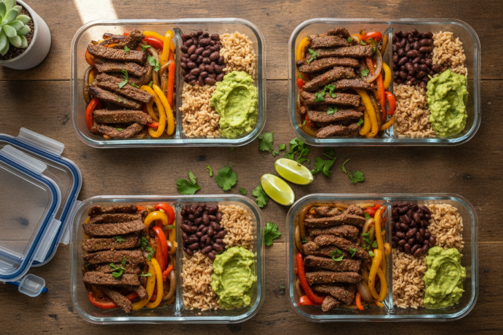 A beautifully arranged Southwest steak fajita meal prep scene, featuring tender strips of grilled steak marinated in bold spices, surrounded by vibrant, sautéed bell peppers and onions. In the foreground, neatly portioned containers hold the fajita filling, alongside colorful sides of brown rice, black beans, and fresh guacamole. The middle ground showcases a sprinkle of chopped cilantro and lime wedges for garnish, enhancing the freshness of the meal. The background consists of a wooden kitchen countertop, with a hint of greenery from a potted plant, suggesting a cozy, home-cooked atmosphere. The lighting is bright and natural, highlighting the appetizing textures of the food, while the overall mood is inviting and vibrant, perfect for meal prep inspiration. A beautifully arranged Southwest steak fajita meal prep scene, featuring tender strips of grilled steak marinated in bold spices, surrounded by vibrant, sautéed bell peppers and onions. In the foreground, neatly portioned containers hold the fajita filling, alongside colorful sides of brown rice, black beans, and fresh guacamole. The middle ground showcases a sprinkle of chopped cilantro and lime wedges for garnish, enhancing the freshness of the meal. The background consists of a wooden kitchen countertop, with a hint of greenery from a potted plant, suggesting a cozy, home-cooked atmosphere. The lighting is bright and natural, highlighting the appetizing textures of the food, while the overall mood is inviting and vibrant, perfect for meal prep inspiration.