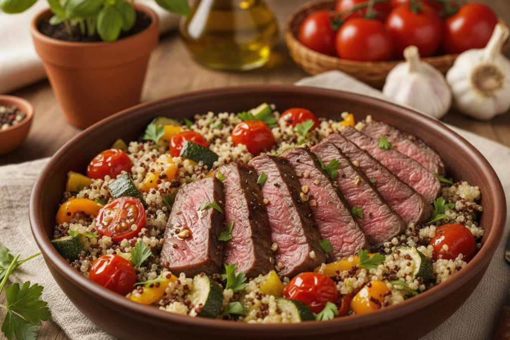 A beautifully arranged bowl of garlic, tomato, and grain-based steak, showcasing tender slices of medium-rare steak atop a vibrant mix of quinoa, brown rice, and roasted vegetables. The bowl is garnished with fresh parsley and a drizzle of olive oil, creating an appetizing presentation. In the foreground, the textures of the steak and grains are highlighted under bright, natural light, emphasizing the freshness of ingredients. The background features a soft-focus kitchen setting with hints of rustic wooden elements and vibrant tomatoes, enhancing the home-cooked feel. The overall atmosphere is warm and inviting, evoking a sense of healthy, delicious meal prep. The composition should be shot from a slight overhead angle, capturing the entire bowl beautifully while ensuring clarity and focus on the food textures. A beautifully arranged bowl of garlic, tomato, and grain-based steak, showcasing tender slices of medium-rare steak atop a vibrant mix of quinoa, brown rice, and roasted vegetables. The bowl is garnished with fresh parsley and a drizzle of olive oil, creating an appetizing presentation. In the foreground, the textures of the steak and grains are highlighted under bright, natural light, emphasizing the freshness of ingredients. The background features a soft-focus kitchen setting with hints of rustic wooden elements and vibrant tomatoes, enhancing the home-cooked feel. The overall atmosphere is warm and inviting, evoking a sense of healthy, delicious meal prep. The composition should be shot from a slight overhead angle, capturing the entire bowl beautifully while ensuring clarity and focus on the food textures.