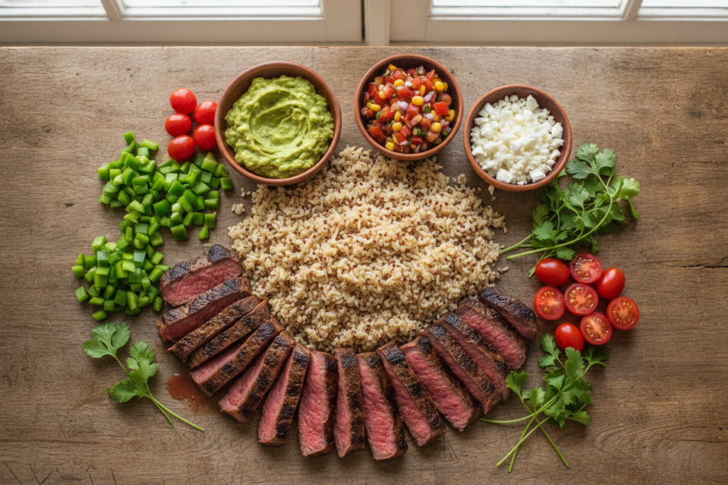 A beautifully arranged flat lay showcasing essential ingredients for flavorful steak bowls. In the foreground, a perfectly cooked, juicy steak sliced into thin strips, glistening with a light sear. Surrounding it, vibrant vegetables like bright green bell peppers, fresh cilantro, and cherry tomatoes, adding a pop of color. In the middle, a mix of cooked quinoa and fluffy brown rice, providing a nutritious base. Complementing the scene, small bowls of guacamole, salsa, and a sprinkle of feta cheese are artistically placed. In the background, a rustic wooden table under bright natural light enhances the appetizing textures, creating a fresh and inviting atmosphere. The image captures a warm, healthy meal prep vibe, evoking a sense of culinary inspiration and delight. A beautifully arranged flat lay showcasing essential ingredients for flavorful steak bowls. In the foreground, a perfectly cooked, juicy steak sliced into thin strips, glistening with a light sear. Surrounding it, vibrant vegetables like bright green bell peppers, fresh cilantro, and cherry tomatoes, adding a pop of color. In the middle, a mix of cooked quinoa and fluffy brown rice, providing a nutritious base. Complementing the scene, small bowls of guacamole, salsa, and a sprinkle of feta cheese are artistically placed. In the background, a rustic wooden table under bright natural light enhances the appetizing textures, creating a fresh and inviting atmosphere. The image captures a warm, healthy meal prep vibe, evoking a sense of culinary inspiration and delight.