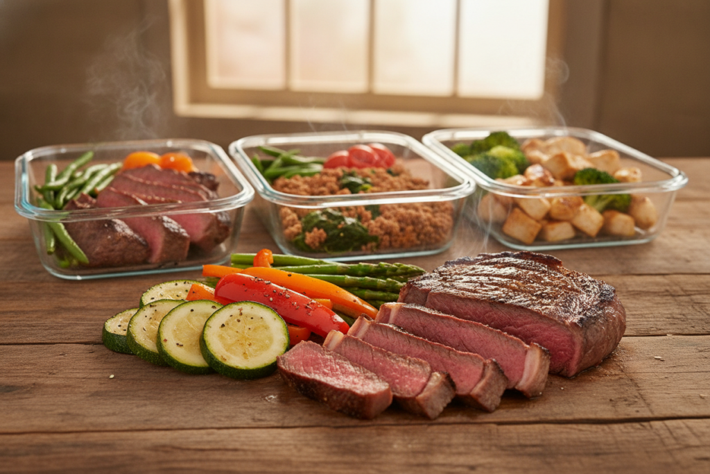 A beautifully arranged low carb steak meal prep setup on a rustic wooden table. In the foreground, a perfectly grilled medium-rare steak sliced open, revealing its juicy texture alongside vibrant, roasted vegetables like zucchini, bell peppers, and asparagus. In the middle, neatly portioned glass meal prep containers, showcasing colorful, healthy ingredients, with visible steam rising from the freshly cooked steak. The background features soft natural light filtering through a window, creating warm highlights and shadows that enhance the meal's appetizing textures. The overall atmosphere is inviting and wholesome, emphasizing a healthy, convenient eating style without any distractions. Captured with a shallow depth of field to focus on the meal while softly blurring the background. A beautifully arranged low carb steak meal prep setup on a rustic wooden table. In the foreground, a perfectly grilled medium-rare steak sliced open, revealing its juicy texture alongside vibrant, roasted vegetables like zucchini, bell peppers, and asparagus. In the middle, neatly portioned glass meal prep containers, showcasing colorful, healthy ingredients, with visible steam rising from the freshly cooked steak. The background features soft natural light filtering through a window, creating warm highlights and shadows that enhance the meal's appetizing textures. The overall atmosphere is inviting and wholesome, emphasizing a healthy, convenient eating style without any distractions. Captured with a shallow depth of field to focus on the meal while softly blurring the background.