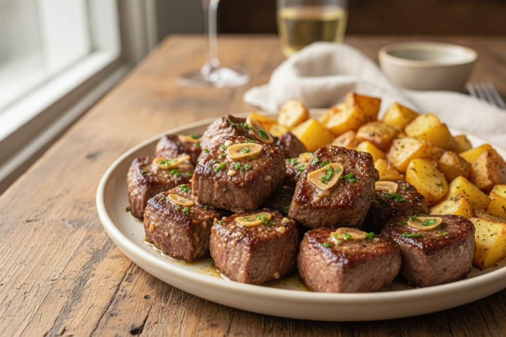 A beautifully arranged plate of garlic butter sirloin steak bites, succulent and golden brown, glistening under bright natural light. The steak pieces, perfectly seared, are garnished with freshly chopped parsley and slivers of garlic. Nearby, crispy golden potatoes with a light sprinkle of herbs add vibrant contrast. In the background, a rustic wooden table sets a warm atmosphere, enhancing the inviting presentation of the dish. The focus is sharp on the steak, capturing its juicy texture, while a soft bokeh effect lightly blurs the background, suggesting depth. The overall mood is cozy and appetizing, ideal for a delicious dinner setting that highlights the recipe's indulgence and comfort. A beautifully arranged plate of garlic butter sirloin steak bites, succulent and golden brown, glistening under bright natural light. The steak pieces, perfectly seared, are garnished with freshly chopped parsley and slivers of garlic. Nearby, crispy golden potatoes with a light sprinkle of herbs add vibrant contrast. In the background, a rustic wooden table sets a warm atmosphere, enhancing the inviting presentation of the dish. The focus is sharp on the steak, capturing its juicy texture, while a soft bokeh effect lightly blurs the background, suggesting depth. The overall mood is cozy and appetizing, ideal for a delicious dinner setting that highlights the recipe's indulgence and comfort.