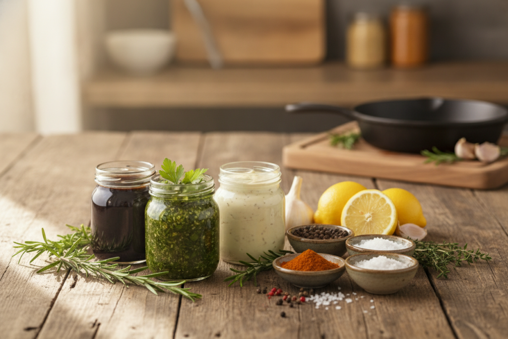 A beautifully arranged selection of colorful, flavorful steak sauces and marinades on a rustic wooden table. In the foreground, glass jars filled with rich balsamic glaze, zesty chimichurri, and smooth garlic butter sauce. Fresh herbs like rosemary and thyme scattered around, adding a touch of green. In the middle ground, a vibrant array of spices such as smoked paprika, black pepper, and sea salt in small bowls, surrounded by lemon wedges and garlic cloves. The background softly blurred hints of warm kitchen elements, complemented by natural light streaming in from the left, creating an inviting and appetizing atmosphere. The photo captures the textures and colors of the sauces, emphasizing their freshness and flavor. A beautifully arranged selection of colorful, flavorful steak sauces and marinades on a rustic wooden table. In the foreground, glass jars filled with rich balsamic glaze, zesty chimichurri, and smooth garlic butter sauce. Fresh herbs like rosemary and thyme scattered around, adding a touch of green. In the middle ground, a vibrant array of spices such as smoked paprika, black pepper, and sea salt in small bowls, surrounded by lemon wedges and garlic cloves. The background softly blurred hints of warm kitchen elements, complemented by natural light streaming in from the left, creating an inviting and appetizing atmosphere. The photo captures the textures and colors of the sauces, emphasizing their freshness and flavor.