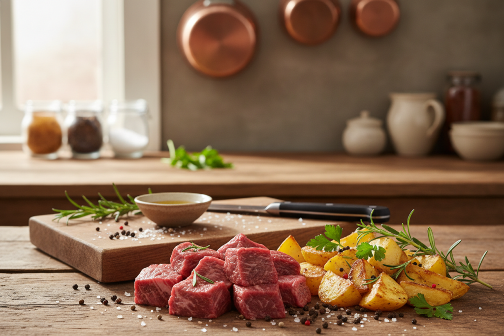 A beautifully arranged selection of fresh ingredients for tender steak bites and crispy potatoes displayed on a rustic wooden kitchen countertop. In the foreground, showcase juicy sirloin steak cubes, marbled for optimal flavor, alongside vibrant golden potatoes, chopped into bite-sized pieces with crispy edges. Include fresh herbs such as rosemary and parsley, a sprinkle of sea salt, and peppercorns to add color and texture. In the middle ground, introduce a cutting board with a knife resting beside it, and a small bowl of olive oil. In the background, softly blurred kitchen utensils and spices create a warm and inviting atmosphere. Use bright natural light to highlight the appetizing textures and maintain a clean, ultra-realistic food photography style that evokes a sense of home-cooked warmth and comfort. A beautifully arranged selection of fresh ingredients for tender steak bites and crispy potatoes displayed on a rustic wooden kitchen countertop. In the foreground, showcase juicy sirloin steak cubes, marbled for optimal flavor, alongside vibrant golden potatoes, chopped into bite-sized pieces with crispy edges. Include fresh herbs such as rosemary and parsley, a sprinkle of sea salt, and peppercorns to add color and texture. In the middle ground, introduce a cutting board with a knife resting beside it, and a small bowl of olive oil. In the background, softly blurred kitchen utensils and spices create a warm and inviting atmosphere. Use bright natural light to highlight the appetizing textures and maintain a clean, ultra-realistic food photography style that evokes a sense of home-cooked warmth and comfort.