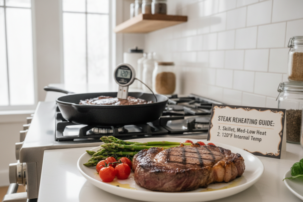 A beautifully arranged ultra-realistic food photography scene focused on a tender steak reheating guide. In the foreground, an elegantly plated medium-rare steak, beautifully seared with appetizing grill marks, accompanied by vibrant, fresh vegetables like asparagus and cherry tomatoes. In the middle ground, a sleek modern kitchen environment showcasing a stovetop with a cast iron skillet and a thermometer, emphasizing the cooking process. In the background, soft natural light filters through a window, creating a warm and inviting atmosphere. The overall mood is bright and clean, highlighting the textures and colors of the food, while evoking a sense of professionalism and culinary expertise. A beautifully arranged ultra-realistic food photography scene focused on a tender steak reheating guide. In the foreground, an elegantly plated medium-rare steak, beautifully seared with appetizing grill marks, accompanied by vibrant, fresh vegetables like asparagus and cherry tomatoes. In the middle ground, a sleek modern kitchen environment showcasing a stovetop with a cast iron skillet and a thermometer, emphasizing the cooking process. In the background, soft natural light filters through a window, creating a warm and inviting atmosphere. The overall mood is bright and clean, highlighting the textures and colors of the food, while evoking a sense of professionalism and culinary expertise.