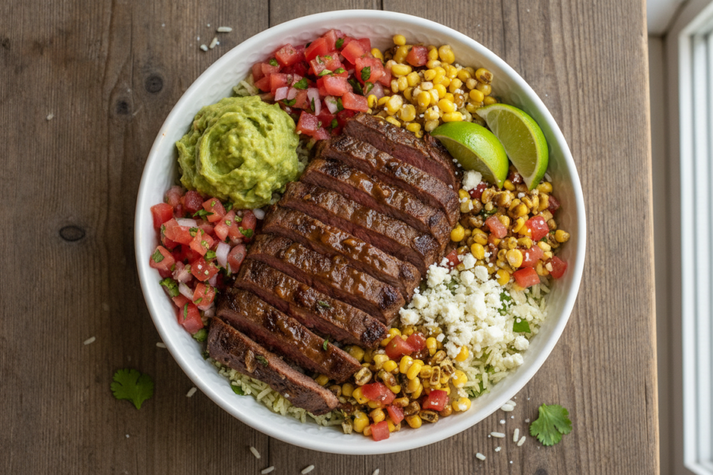 A beautifully styled Chipotle steak bowl, featuring tender marinated steak slices glistening with a savory glaze, arranged artfully over a base of fluffy cilantro-lime rice. Surround the steak with vibrant elements like fresh pico de gallo, creamy guacamole, zesty corn salsa, and a sprinkling of crumbled queso fresco. Include fresh lime wedges for an additional pop of color. The bowl is set on a rustic wooden table, bathed in bright natural light that enhances the appetizing textures of the ingredients. Capture the scene from a slight overhead angle to provide a comprehensive view of the bowl's layering, conveying a healthy and inviting atmosphere perfect for a Tex-Mex meal prep. The overall mood is fresh, vibrant, and appealing, emphasizing the deliciousness of the dish. A beautifully styled Chipotle steak bowl, featuring tender marinated steak slices glistening with a savory glaze, arranged artfully over a base of fluffy cilantro-lime rice. Surround the steak with vibrant elements like fresh pico de gallo, creamy guacamole, zesty corn salsa, and a sprinkling of crumbled queso fresco. Include fresh lime wedges for an additional pop of color. The bowl is set on a rustic wooden table, bathed in bright natural light that enhances the appetizing textures of the ingredients. Capture the scene from a slight overhead angle to provide a comprehensive view of the bowl's layering, conveying a healthy and inviting atmosphere perfect for a Tex-Mex meal prep. The overall mood is fresh, vibrant, and appealing, emphasizing the deliciousness of the dish.