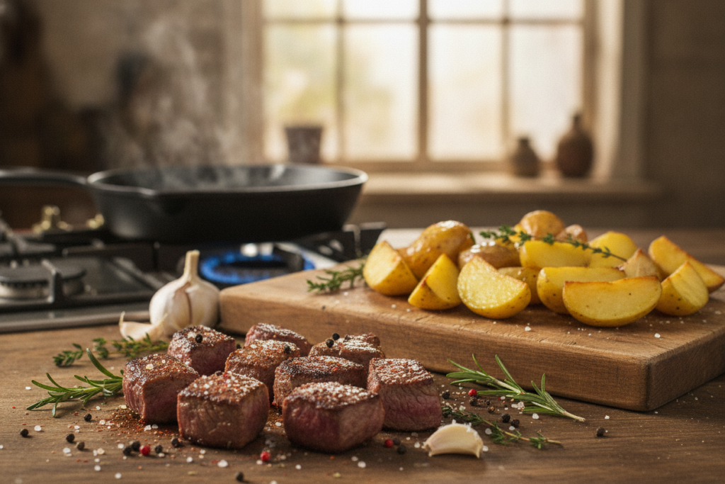 A close-up shot of a rustic wooden kitchen countertop where tender steak bites are being prepared. In the foreground, juicy, seared steak pieces glisten with seasoning, surrounded by scattered fresh herbs and garlic cloves. In the middle, a cutting board displays sliced golden potatoes, some half-fried and ready to be tossed in a skillet, with a background of a skillet on a stove emitting a slight steam. Soft, bright natural light floods the scene, enhancing the appetizing textures and colors of the food. The atmosphere is warm and inviting, perfect for a cozy dinner preparation. The image should be ultra-realistic, capturing the vibrant colors and rich details that make the dish enticing. A close-up shot of a rustic wooden kitchen countertop where tender steak bites are being prepared. In the foreground, juicy, seared steak pieces glisten with seasoning, surrounded by scattered fresh herbs and garlic cloves. In the middle, a cutting board displays sliced golden potatoes, some half-fried and ready to be tossed in a skillet, with a background of a skillet on a stove emitting a slight steam. Soft, bright natural light floods the scene, enhancing the appetizing textures and colors of the food. The atmosphere is warm and inviting, perfect for a cozy dinner preparation. The image should be ultra-realistic, capturing the vibrant colors and rich details that make the dish enticing.