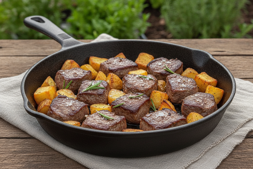 Close-up view of a sizzling cast iron skillet filled with perfectly seared steak bites, their edges browned and caramelized, presented alongside golden, crispy potato cubes. Garnish the skillet with fresh rosemary sprigs and a sprinkle of coarse sea salt, adding a pop of green. The foreground features the skillet resting on a rustic wooden table with a textured cloth underneath. In the background, softly blurred, a vibrant green herb garden hints at freshness and home-cooking ambiance. The lighting is bright and natural, flooding the scene to enhance the appetizing textures and colors of the food. The mood is inviting and warm, showcasing a deliciously appetizing dinner setup. Close-up view of a sizzling cast iron skillet filled with perfectly seared steak bites, their edges browned and caramelized, presented alongside golden, crispy potato cubes. Garnish the skillet with fresh rosemary sprigs and a sprinkle of coarse sea salt, adding a pop of green. The foreground features the skillet resting on a rustic wooden table with a textured cloth underneath. In the background, softly blurred, a vibrant green herb garden hints at freshness and home-cooking ambiance. The lighting is bright and natural, flooding the scene to enhance the appetizing textures and colors of the food. The mood is inviting and warm, showcasing a deliciously appetizing dinner setup.