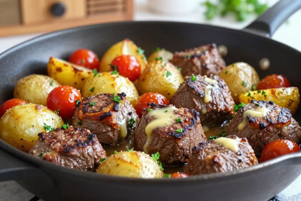 garlic butter steak bites and potatoes