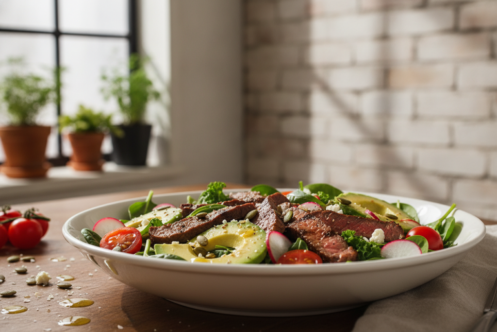 steak salad with avocado